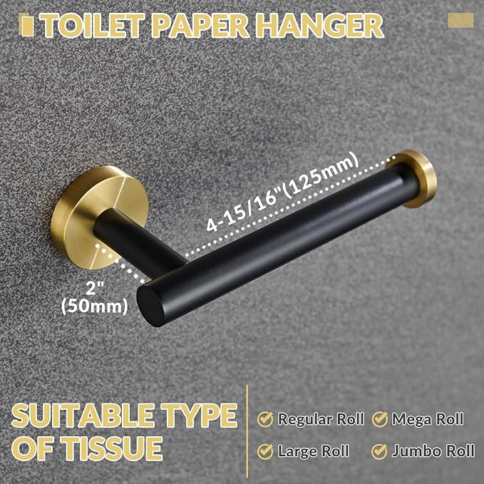 Toilet Paper Holder, APLusee Stainless Steel Half Open Round Tissue Roll Hanger, Bathroom Kitchen Wall Storage (Black & Gold)