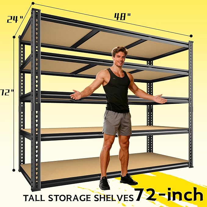 48" W Garage Shelving Heavy Duty 3050LBS Garage Storage Shelving, 5 Tier Adjustable Metal Shelving Unit Utility Rack Shelf for Warehouse, Pantry, Closet, Kitchen 72" H x 48" W x 24" D, Black,2PCS