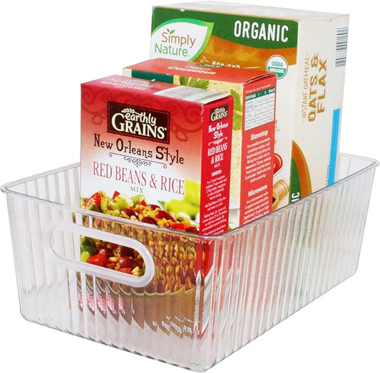 Oggi Clear Fluted Storage Bin with Handle - Durable Plastic Organizer for Fridge, Pantry, Cabinets & Countertop, Modern Farmhouse Style, Ideal for Kitchen Organization and Storage, 9.7" x 6.75"