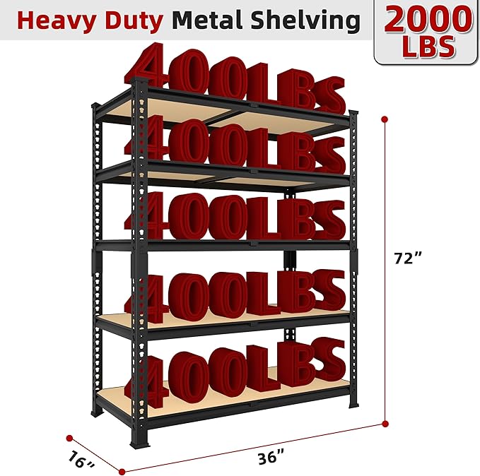 Heavy Duty Metal Storage Shelves - 36" W x 16" D x 72" H 5 Tier Adjustable Garage Shelving Unit, Industrial Utility Rack Shelf for Warehouse, Pantry, Kitchen, Black, 3 PCS