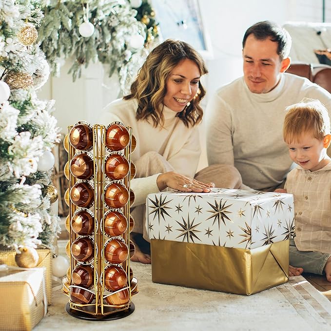 35 Coffee Pods Holder - Golden - 360° Spinning Coffee Pod Carousel Stand | Holds 35 Capsules | Compact Countertop Organizer with Silent Rotation, Durable & Modern