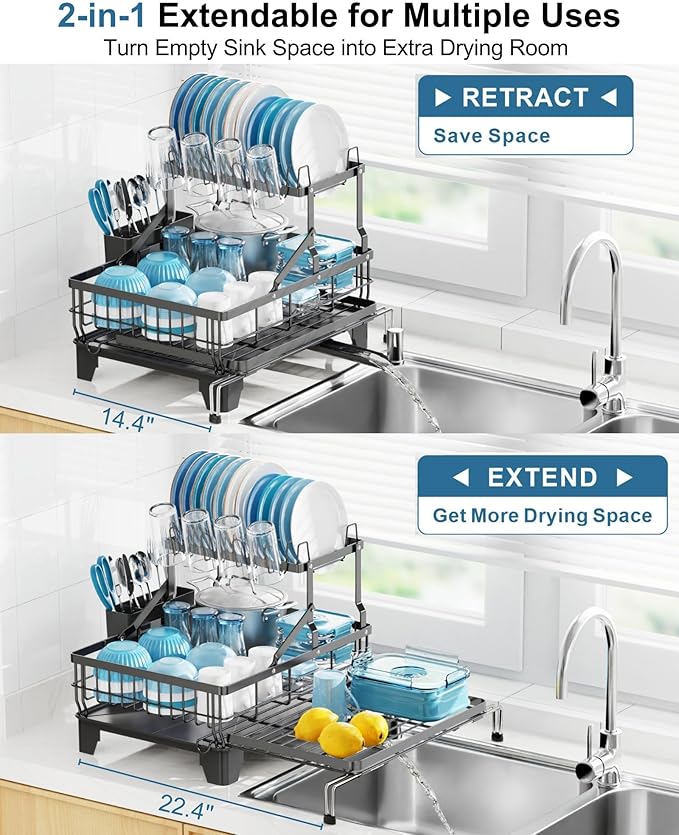 GSlife Large Dish Drying Rack 2 Tier, Expandable Kitchen Dish Drainer for Pots and Pans, 360° Swivel Spout, Rust-Resistant Metal Dish Rack with Utensil & Cup Holder, 16.9" W x 14.4"-22.4" L, Black
