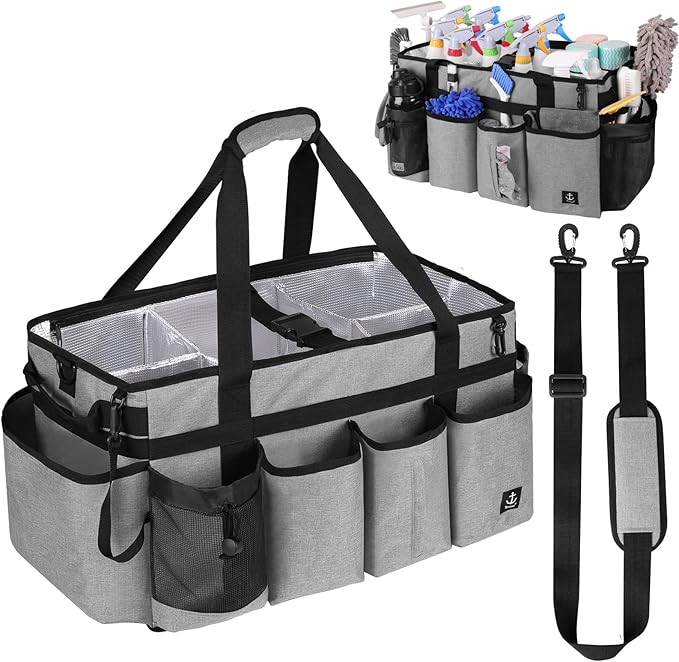 Timoxi Extra large Cleaning Caddy Bag Built-in Sturdy Support Board, Cleaning Organizer with Detachable Divider, Cleaning Supply Tote with Adjustable Shoulder Strap (Grey, 19'' x 11'' x 11'')