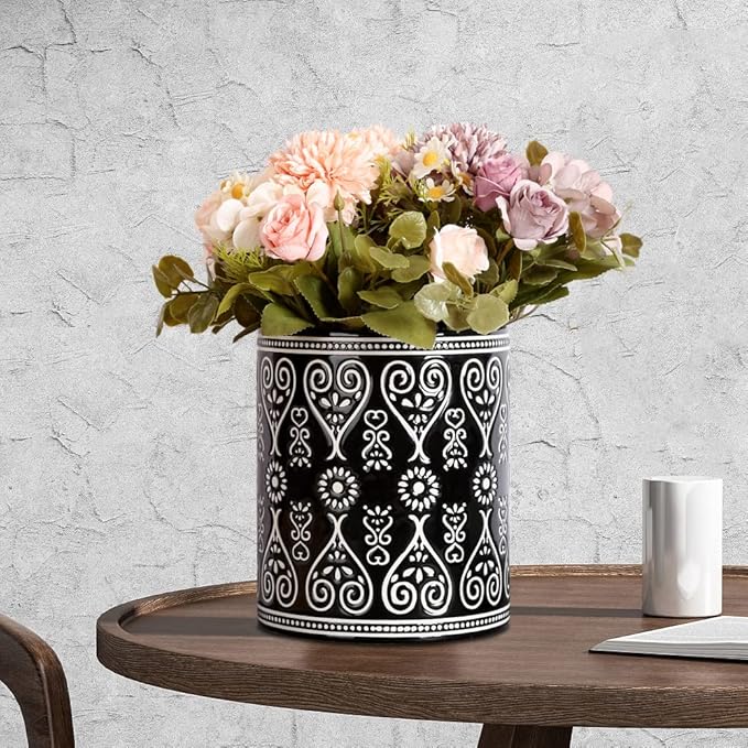 Black Heavy Ceramic Utensil Holder, 7" Extra Large Kitchen Utensil Holder for Countertop, Cooking Ceramic Crock for Farmhouse Kitchen Decor