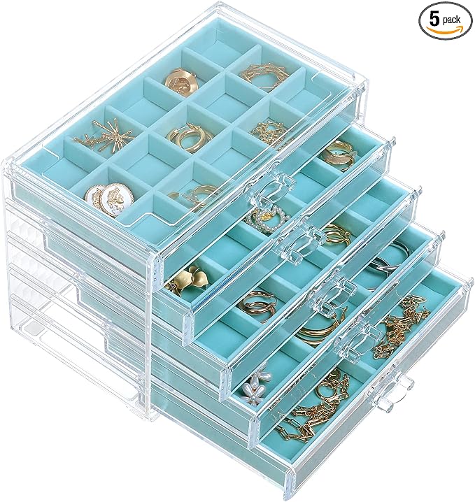 misaya Earring Jewelry Organizer, 5 Drawers Clear Acrylic Jewelry Box for Women, Velvet Earring Display Holder for Earrings Ring Bracelet Necklace, Birthday Present, Turquoise