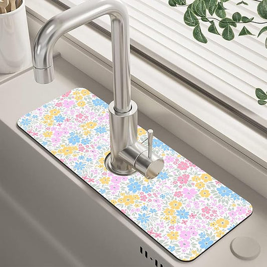 Retro Floral Cute Wildflowers Dish Drying Mat for Kitchen Sink Splash Guard Behind Faucet Sink Mat Absorbent Fast Drying Faucet Draining Mat for Bathroom Kitchen 5.5"×15"