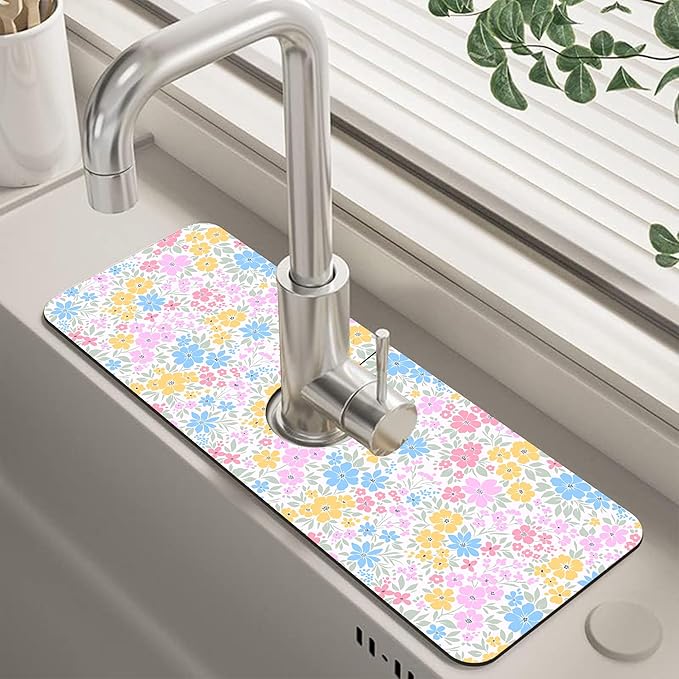 Retro Floral Cute Wildflowers Dish Drying Mat for Kitchen Sink Splash Guard Behind Faucet Sink Mat Absorbent Fast Drying Faucet Draining Mat for Bathroom Kitchen 5.5"×24"
