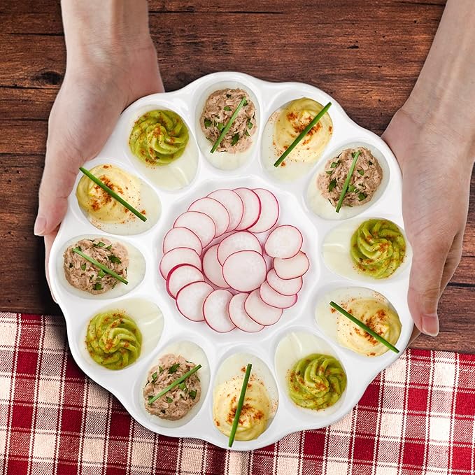 Hedume 2-Pack Ceramic Deviled Egg Platter Tray, 12-Cup Egg Dish, Refrigerator to Countertop Display, Dishwasher, Microwave, Freezer Safe