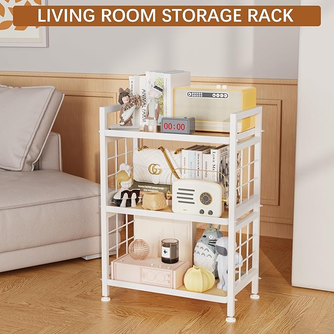 GIOTORENT 3-Tier Pantry Shelves with Wooden Boards, Heavy Duty Storage Shelves & Book Shelf, Adjustable Metal Shelving Unit for Kitchen Bathroom Laundry Organizer, Sturdy Rust-Resistant, White