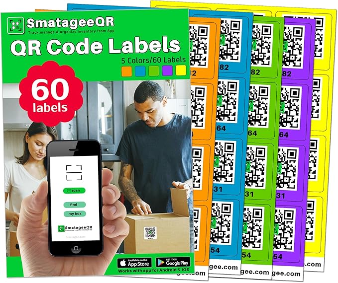 60 Pcs Smatagee Color Coded QR Code Labels for Storage Bins,Moving and Organization | Pack and Track Inventory on iOS,Android App| 60 Unique Stickers(2.6"x2.6") - Bright