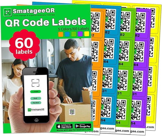 60 Pcs Smatagee Color Coded QR Code Labels for Storage Bins,Moving and Organization | Pack and Track Inventory on iOS,Android App| 60 Unique Stickers(2.6"x2.6") - Bright