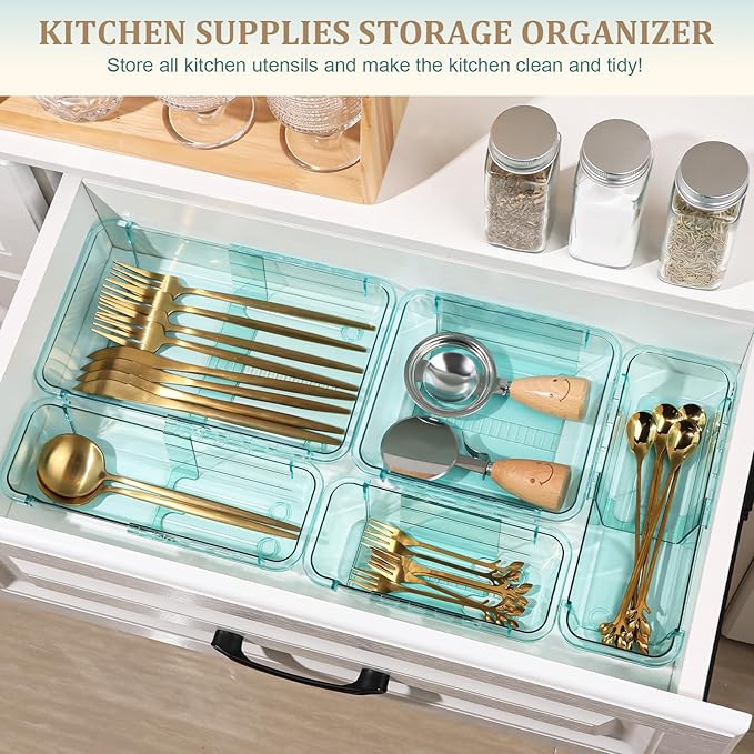 20 Pcs Adjustable Clear Drawer Organizer, All Extendable Vanity Storage Bins, Desk Drawer Organizer Set for Makeup, Cosmetics, Bedroom, and Gadgets, Blue