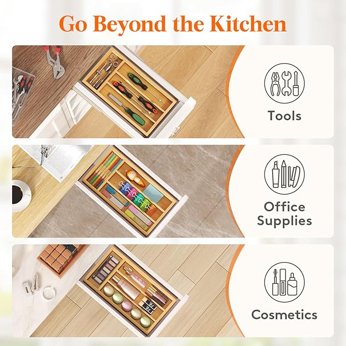 Lifewit Silverware Drawer Organizer, Expandable Utensil Tray for Kitchen, Bamboo Flatware and Cutlery Holder, Wood Adjustable Storage for Spoons Forks Knives, 6.9 x 12.8", Natural