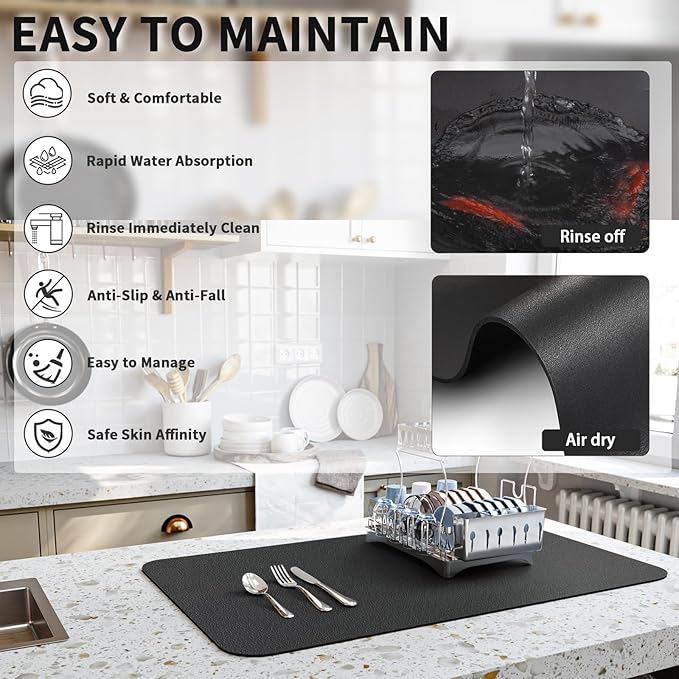 Dish Drying Mat for Kitchen Counter, Heat Resistant Drainer Mats with Non-slip Rubber Backed, Hide Stain Kitchen Super Absorbent Draining Mat, Easy to Clean Dish Rack Pad, Black 16"x20"