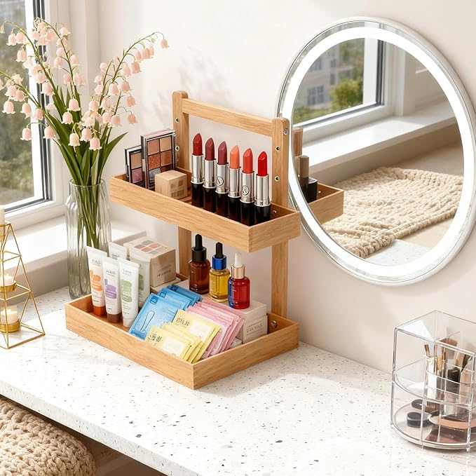 2-Tier Under Sink Pull Out Organizer, Bamboo Cabinet Storage Shelf with Adjustable Height, 9 Inch White Slide Out for Kitchen Bathroom Pantry