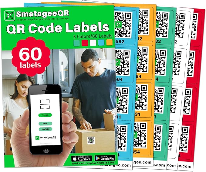 Smatagee QR Code Labels for Storage Bins,Office Organization,Moving Containers,Inventory Organizer | Pack and Track on iOS,Android App| 60 Unique Color Coded Stickers(2.6"x2.6")