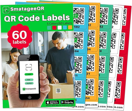 Smatagee QR Code Labels for Storage Bins,Office Organization,Moving Containers,Inventory Organizer | Pack and Track on iOS,Android App| 60 Unique Color Coded Stickers(2.6"x2.6")