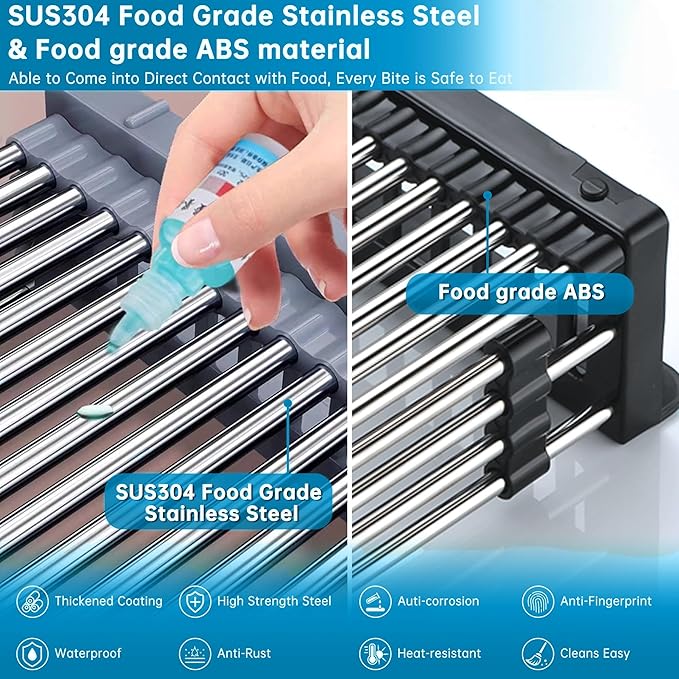 Small Black Dish Drying Rack - Stainless Steel Adjustable Dish Drainer, Compact Kitchen Sink Organizer for Fruits Vegetables (12.5-18 Inches)
