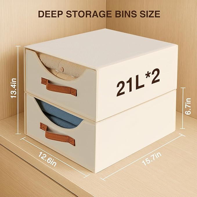 Large Closet Storage Bins with Drawer, Fabric Bins for Organization, Collapsible Storage Drawers Organizer for Bedroom, Living Room, 8 Pack, Beige