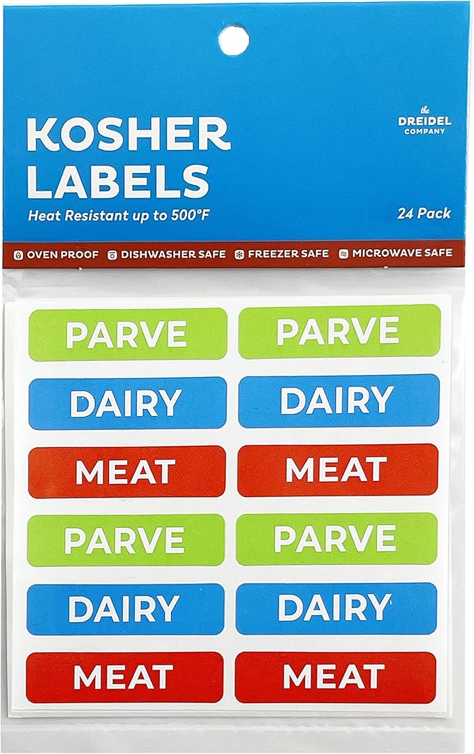 Kosher Sticker Labels, (24 Pack) 8 Blue Dairy, 8 Red Meat, 8 Green Parve Stickers, Ovenproof up to 500°, Freezable, Microwavable, Dishwasher Safe, English, Color Coded Kitchen Tools (Rectangle)