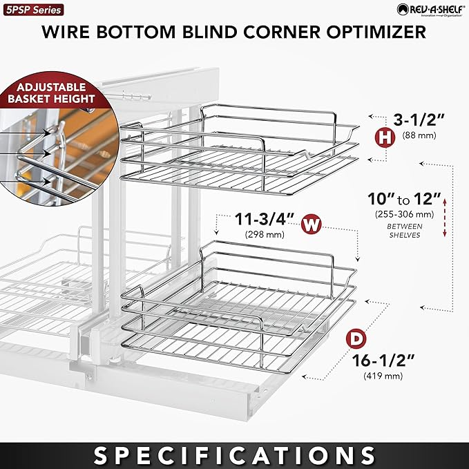 Rev-A-Shelf Chrome Two-Tier Wire Bottom Optimizer w/Soft-Close for 15" Blind Corner Cabinet Openings, Storage Organizer with 4 Shelves, 5PSP-15SC-CR