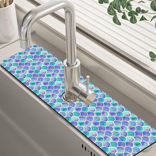 Watercolor Rainbow Scales Sink Faucet Absorbing Mat Sink Splash Guard Faucet Mat Draining Mat Fast Drying Sink Protectors for Kitchen and Bathroom 5.5"×24"