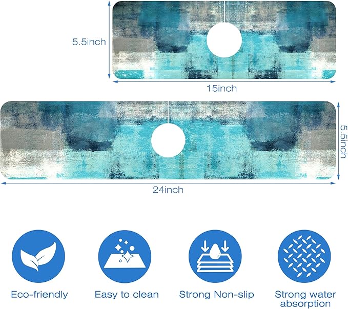 Kitchen Sink Splash Guard Faucet Mat Abstract Teal and Grey Geometric Absorbent Fast Drying Mat Faucet Draining Mat Sink Splash Guard Behind Faucet Drip Catcher for Kitchen Bathroom 24" X 5.5"