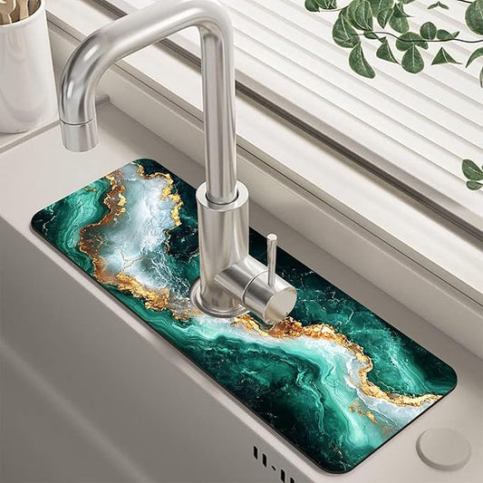Kitchen Sink Splash Guard Faucet Mat Super Absorbent Fast Drying Mat Guard Behind Faucet Drip Catcher for Kitchen Bathroom (Emerald and Gold Marble Texture, 23.5"X5.5")
