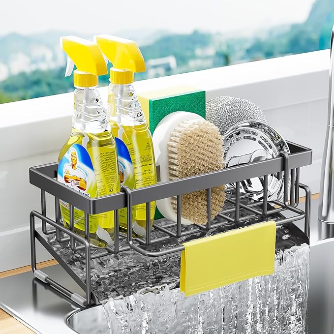 BREIS Kitchen Sink Caddy Organizer with Rag Holder,Self-Draining Sponge Holder for Countertop Soap Dispenser Organizers and Storage Essentials,Kitchen Decor and Accessories