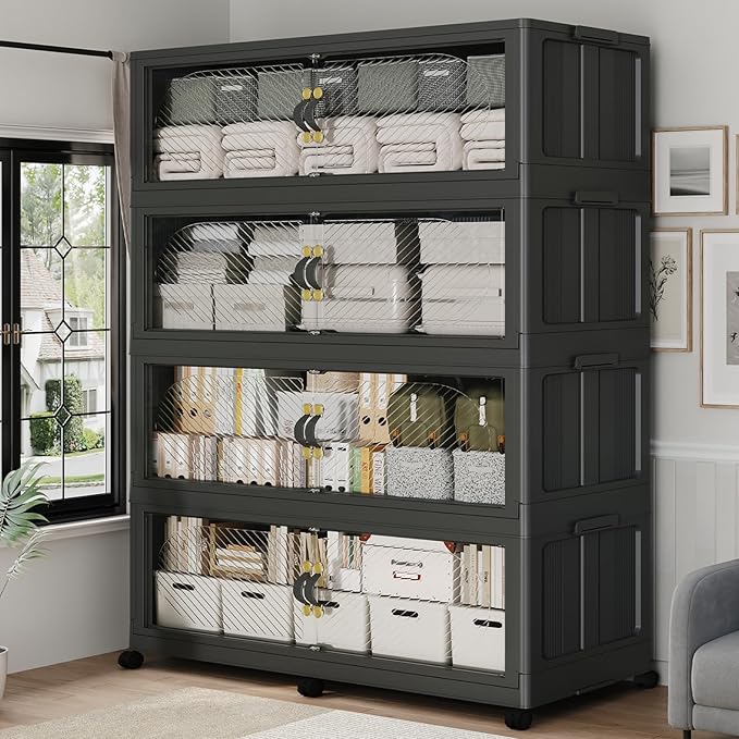 960QT Extra Large Stackable Storage Bins with Lid, 240Gal Plastic Closet Organizers and Storage Drawer, Collapsible Cabinet Box with Wheels Clear Doors for Home Kitchen Office, 4Pack Black