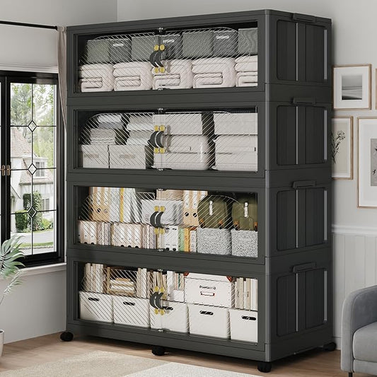 960QT Extra Large Stackable Storage Bins with Lid, 240Gal Plastic Closet Organizers and Storage Drawer, Collapsible Cabinet Box with Wheels Clear Doors for Home Kitchen Office, 4Pack Black