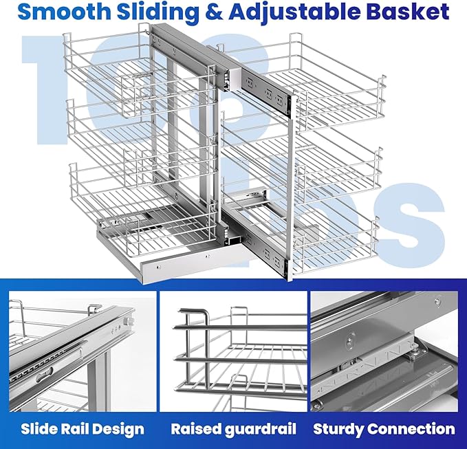 Modern Stainless Steel Blind Corner Cabinet Organizer, 3 Tier Soft Close Pull Out Storage System, 6 Basket Kitchen Drawer for 17" Min Opening