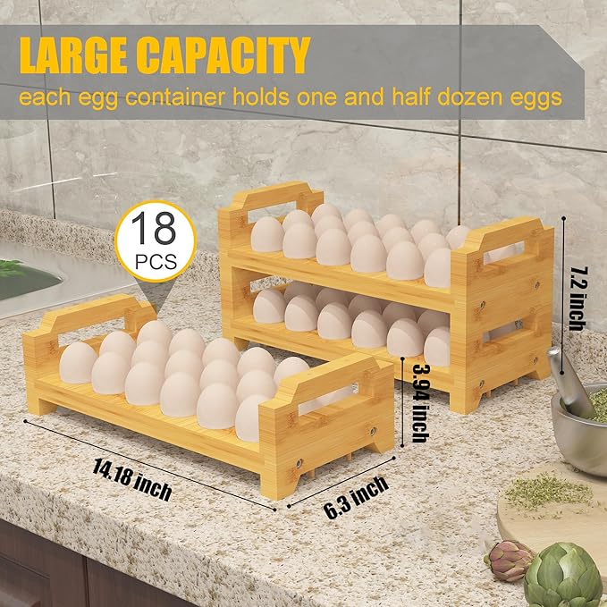 Bamboo Egg Holder Countertop - Stackable Design for Fresh Eggs, Farmhouse Egg Tray Storage Display Rack, Kitchen Counter Top Organizer Wooden Egg Stand, Fits Quail, Duck, Turkey, Chicken Eggs (Luxury)