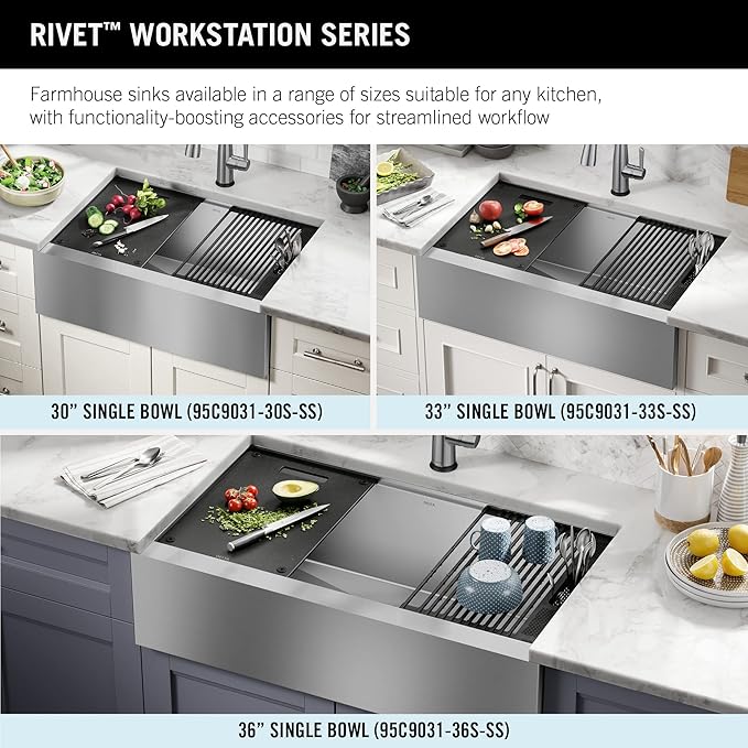 DELTA FAUCET Rivet 30-inch Workstation Farmhouse Apron Front Kitchen Sink Undermount 16 Gauge Stainless Steel Single Bowl with WorkFlow Ledge and Kit of 5 Accessories, 95C9031-30S-SS