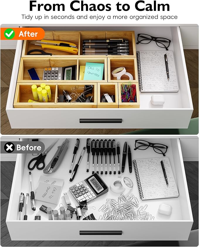 12-Piece Bamboo Desk Drawer Organizer Set – Adjustable Storage Boxes with 24 Compartments, Non-Slip, Modular Design for Office, Jewelry, Vanity, and Kitchen Utensil Drawer Storage