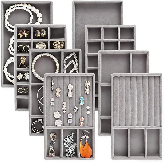 Jewelry Trays,Grey Velvet Stackable Organizer Trays,Drawer Inserts Jewelry Display Case For Rings Stud Necklaces Earring Organizer Tray for Women Girls-8 Pack
