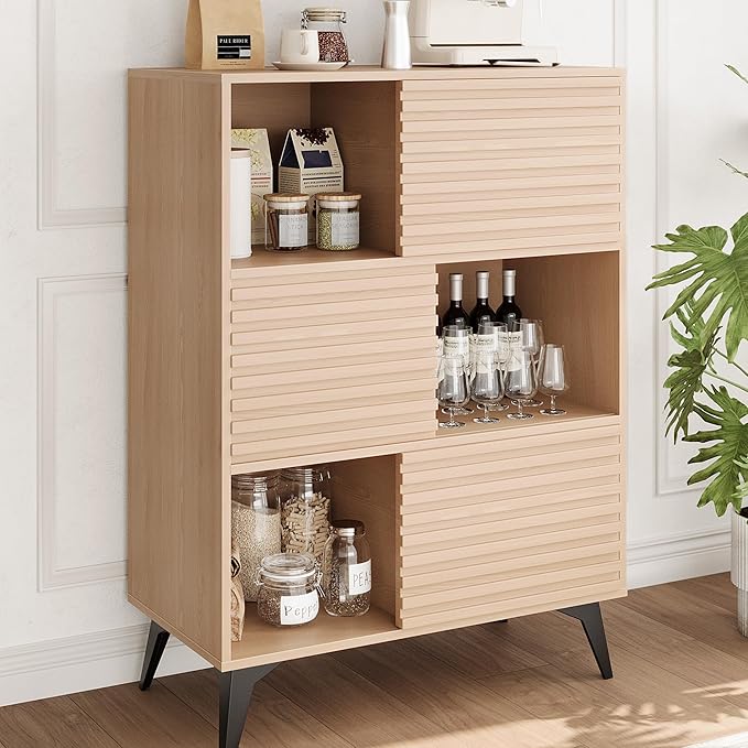IDEALHOUSE Fluted Cabinet with Sliding Doors, Modern Wooden Storage Cabinet with Metal Base, 31 Inch Sideboard Cabinet with Storage for Dining Room,Living Room, Entryway