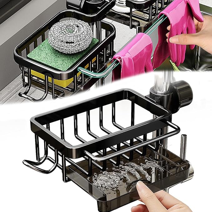 DURAUSE Kitchen Sink Faucet Organizer Multifunction Sponge Holder Organizer Sink Drain Holder Over Faucet Kitchen Sink Caddy with Hook Adjustable for 0.7-1.1inch Round Water Pipe (Black, S)