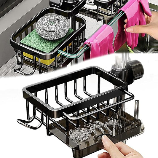 DURAUSE Kitchen Sink Faucet Organizer Multifunction Sponge Holder Organizer Sink Drain Holder Over Faucet Kitchen Sink Caddy with Hook Adjustable for 0.7-1.1inch Round Water Pipe (Black, S)