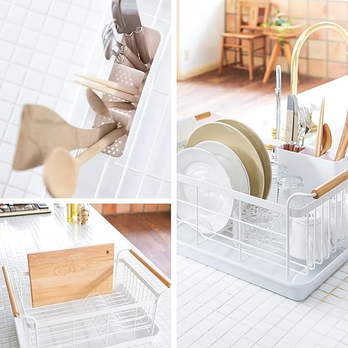 Yamazaki Home Dish Drying Rack – Modern White Dish Rack for Kitchen Counter with Removable Drainer Tray and Cutlery Holder, Steel + Wood Dish Drying Organizer, Small Space-Saving Design