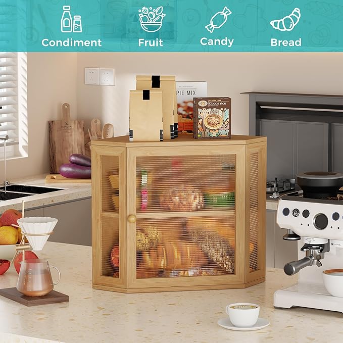 BEWISHOME Bread Box for Kitchen Countertop,Double Layer Bamboo Wood Large Capacity Bread Storage Bin, Bread box with Acrylic Wavy Door Panel(Meduim)