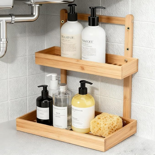 Bamboo Undersink Organizer Storage - 2-Tier Cabinet Shelf with Adjustable Levels, Under Sink Storage Slide Out for Cabinet Pantry Kitchen Bathroom