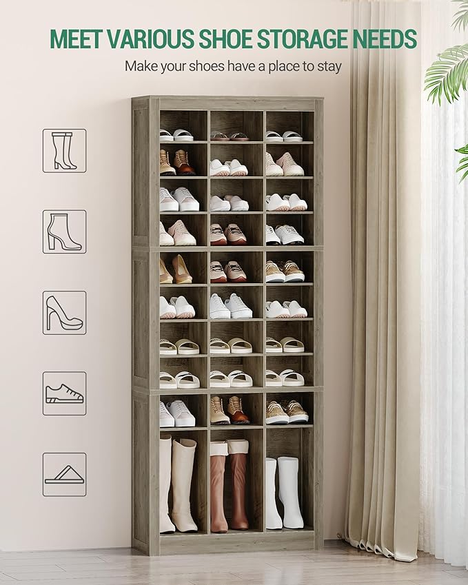 Shoe Storage Cabinet, 36 Pairs Free Standing Closet Organizer, 8.8 inch Widened Cell Wood Shoe Organizer, 12 Tiers Vertical Space Saving Shoe Rack for Entryway, Cloakroom, Greige SR20705B