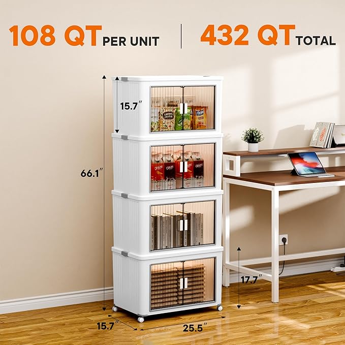 4 Tier 432 Qt Plastic Storage Bins and Boxes Organizer - Stackable Storage Bins with Lids for Bedroom, Bathroom, Laundry Room, Living Room, Office, Camping - Foldable Containers