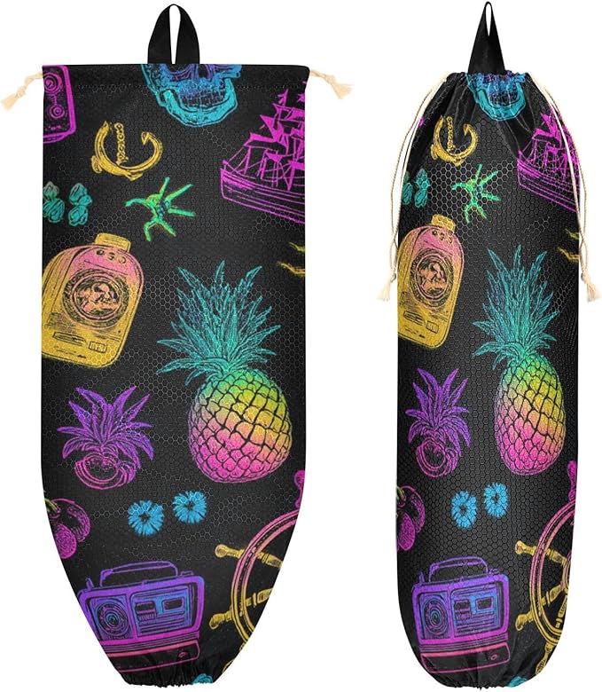 Plastic Bag Holder Wall Mount Grocery Bag Shopping Bag Storage Holder Organizer Dispenser with Adhesive Hook,for Kitchen Bathroom Home Decor 9x22 Inches Neon Ships Pineapple Skull Black27