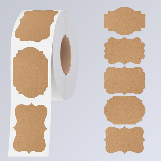 300 PCS Kraft Blank Stickers, 5 Fancy Shapes Labels Blank Stickers Roll Rustic Name Tags with Permanent Adhesive for File Folders, Food Jars, Gift Tags, Home Office Business Uses (2” x 3”)