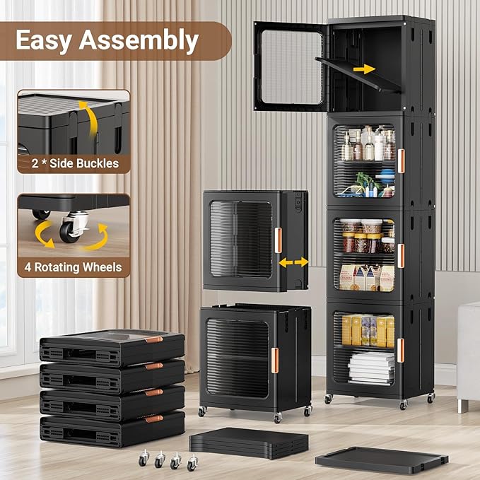 BROVIEW 3-Tier Tall Narrow Storage Cabinet 14.6” Wide, Slim Bathroom Cabinets with Adjustable Shelves and Doors, Plastic Kitchen Pantry Organizers and Storages for Small Space, Laundry, Black