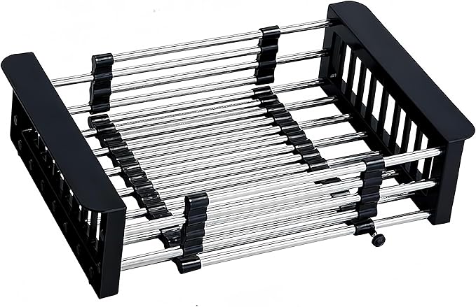 Small Black Dish Drying Rack - Stainless Steel Adjustable Dish Drainer, Compact Kitchen Sink Organizer for Fruits Vegetables (12.5-18 Inches)