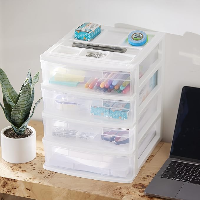 Gracious Living Drawer Organizer, 4-Tier Plastic Storage Desktop Drawers, White Frame - Desk Containers for Bathroom, Bedroom, Office, and Classroom Organization
