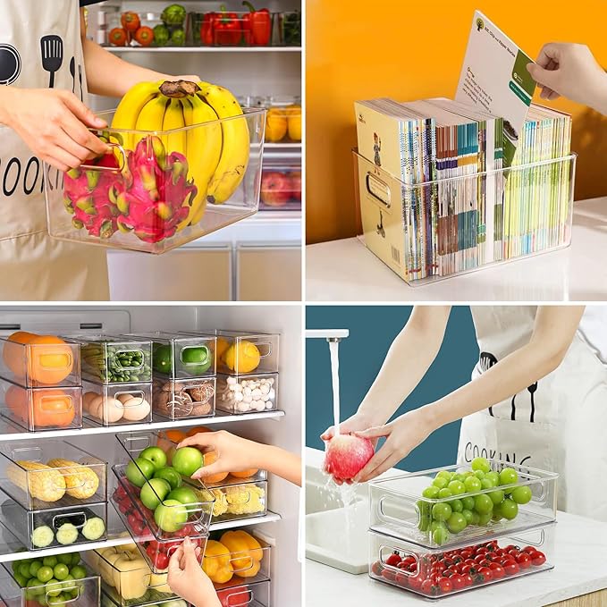 3 Pack Clear Plastic Storage Bins, Large Pantry Organizer Basket with Handle, BPA Free Storage Containers for Fridge, Closet, Bathroom, Under Sink and Kitchen Organization
